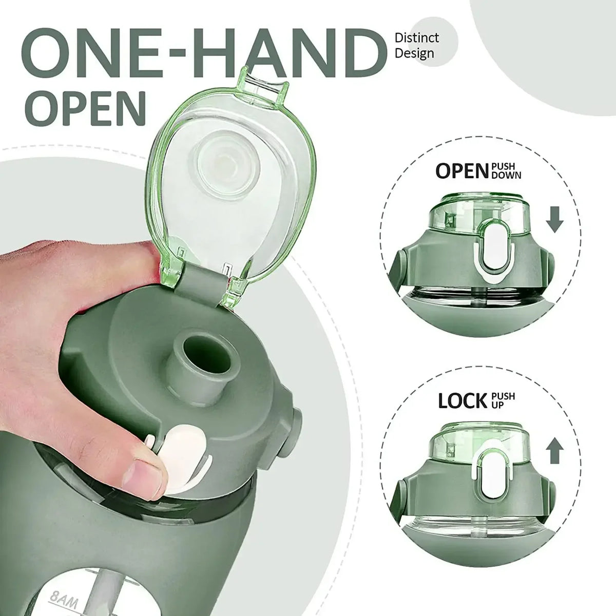 Eine Hand öffnet eine wiederverwendbare Glasflasche mit Strohhalm, die Einhand-Öffnungs- und Verriegelungsfunktion demonstrie