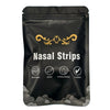 Black pouch of nasal strips with icons indicating breathable gentle hypoallergenic and effective use