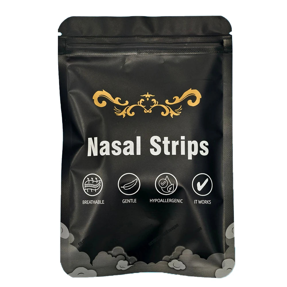 Black pouch of nasal strips with icons indicating breathable gentle hypoallergenic and effective use
