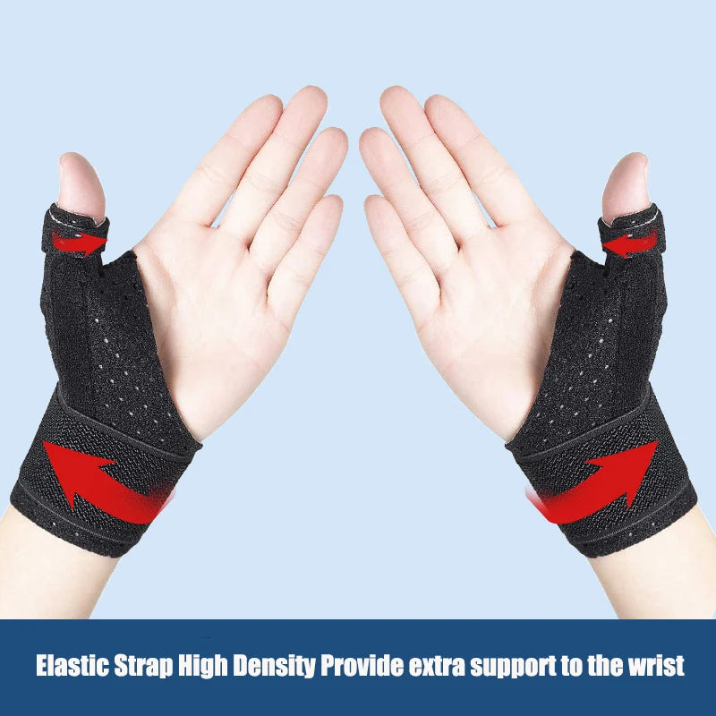 A pair of black elastic strap wrist braces are shown on hands, demonstrating extra support for the wrist.