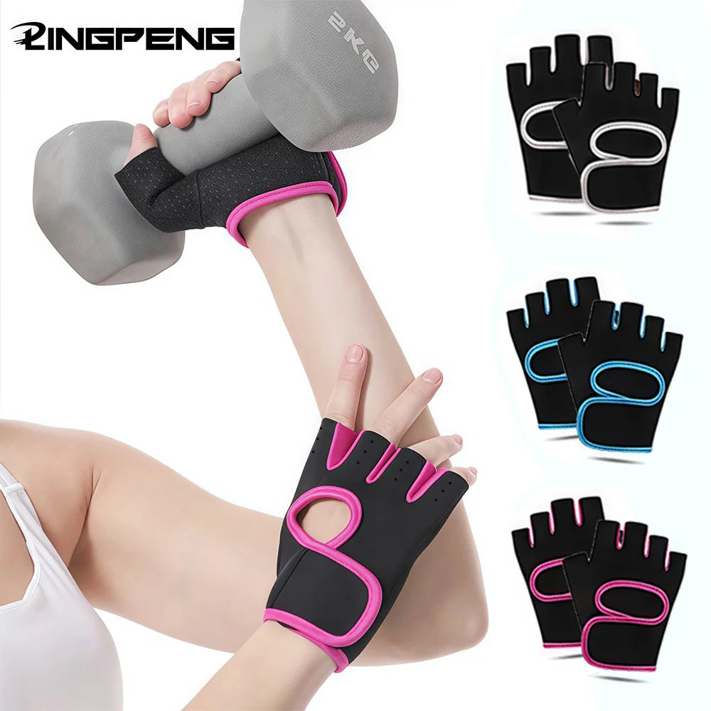 A hand applying a black and pink fitness glove to a wrist, showing the grip and design.