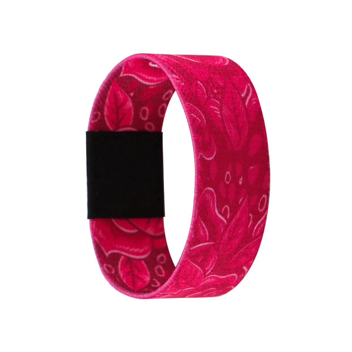 A vibrant magenta stretch silicone wristband featuring a floral pattern and a black band.