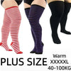 Three pairs of plus size striped thigh high leg warmers in red and purple for warmth.