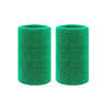 A pair of green dual sports wristbands for sweat absorption, cylindrical in shape.