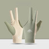 A pair of light olive green and beige professional 3-finger billiard cue gloves shown against a neutral background.