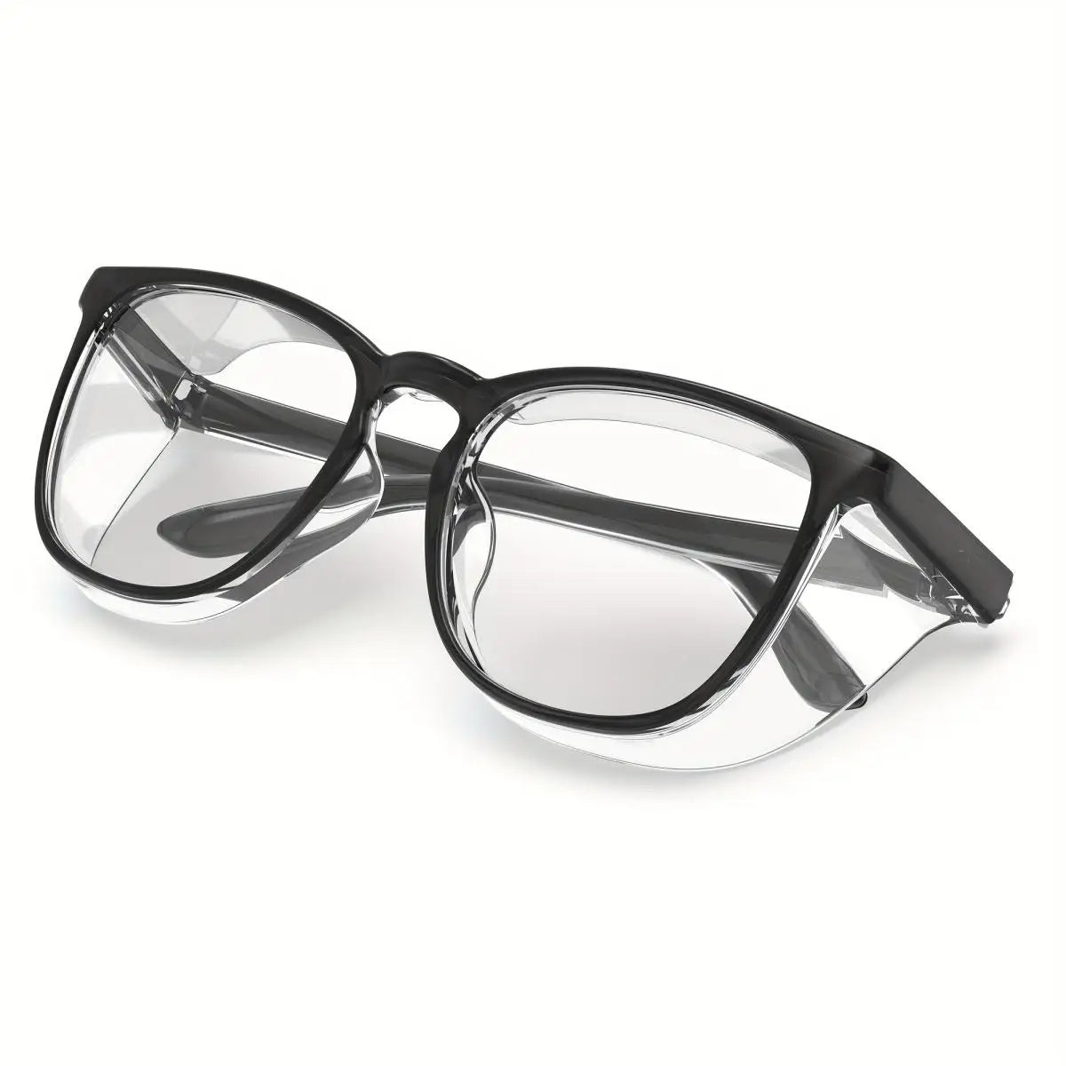 Klare anti-nebelbildende Schutzbrille mit schwarzen Rahmen, von oben gezeigt
