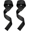 Pair of black adjustable weightlifting wrist straps with a woven grip design