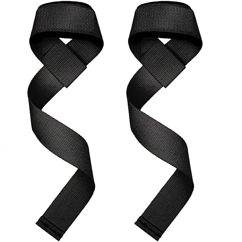 Pair of black adjustable weightlifting wrist straps with a woven grip design