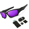 A pair of black polarized sports sunglasses with purple lenses and an included pouch and cleaning cloth.