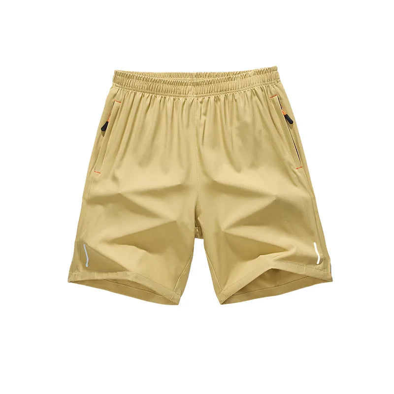 Tan men's lightweight quick-dry running shorts shown flat lay