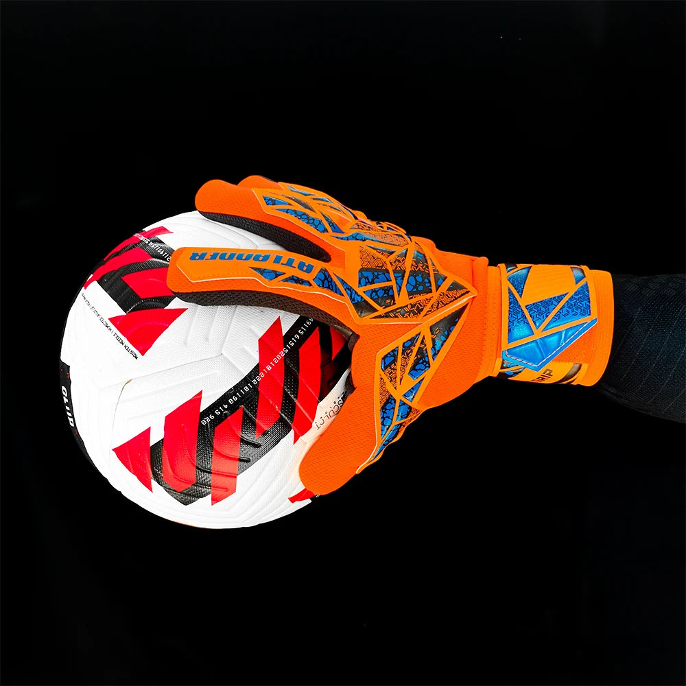 Orange and blue latex goalkeeper gloves with a wrist strap shown against a black background.