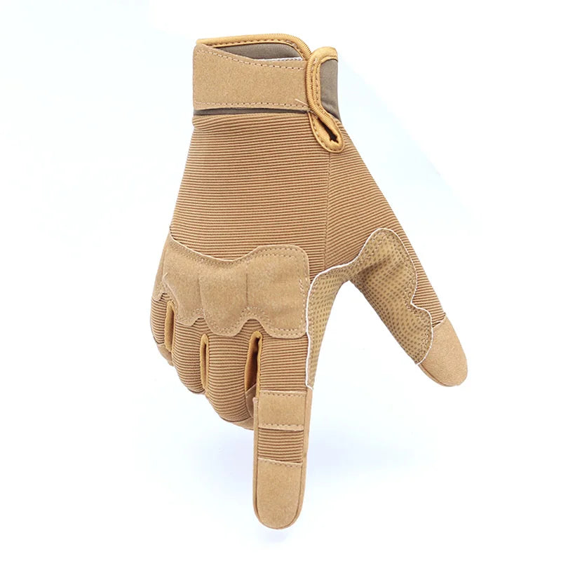 A tan men's outdoor and cycling full finger mitten shown from the side.