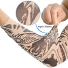 Close-up of a person wearing patterned UV protection arm sleeves, highlighting the super elastic fabric.