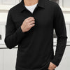 A man wearing a black breathable casual polo shirt and dark pants.