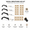 Kit de tiras nasales magnéticas para alivio del ronquido, mostrando tamaños pequeño, mediano y grande con accesorios.