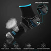 Close-up of black compression socks showing precision sewing and features like thick cushion, mesh ventilation, excellent ela