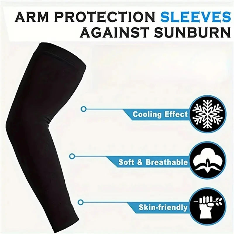 Black arm protection sleeves against sunburn featuring cooling, soft and breathable, and skin-friendly properties.