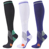 Three pairs of medical grade compression socks in black white and navy blue with patterned toes