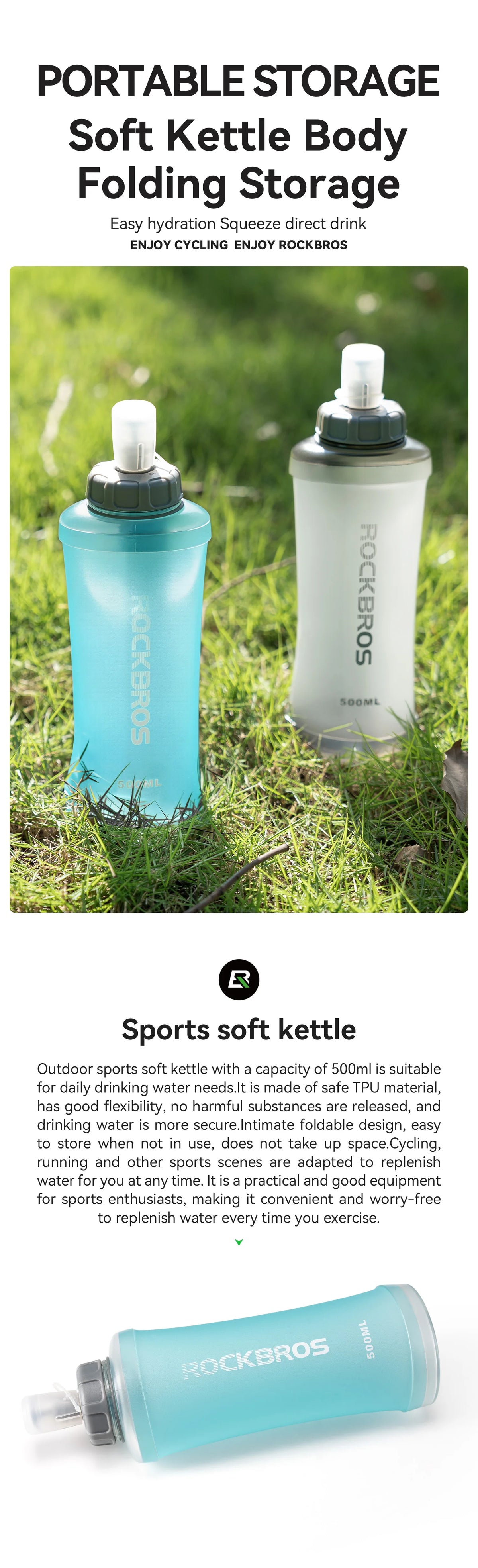 Una botella de agua deportiva de silicona transparente con tapa azul claro y texto blanco, mostrada al aire libre.