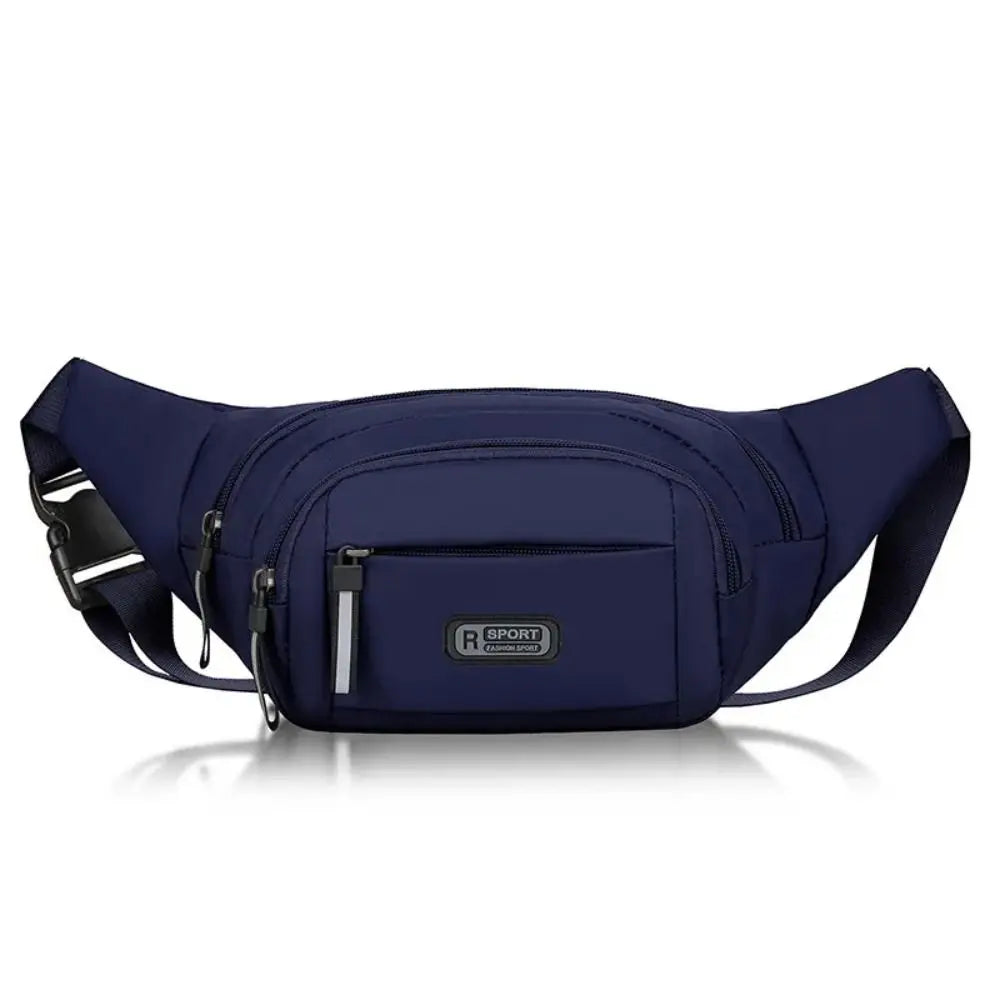 Navy blue durable nylon waist bag for men with a flap closure