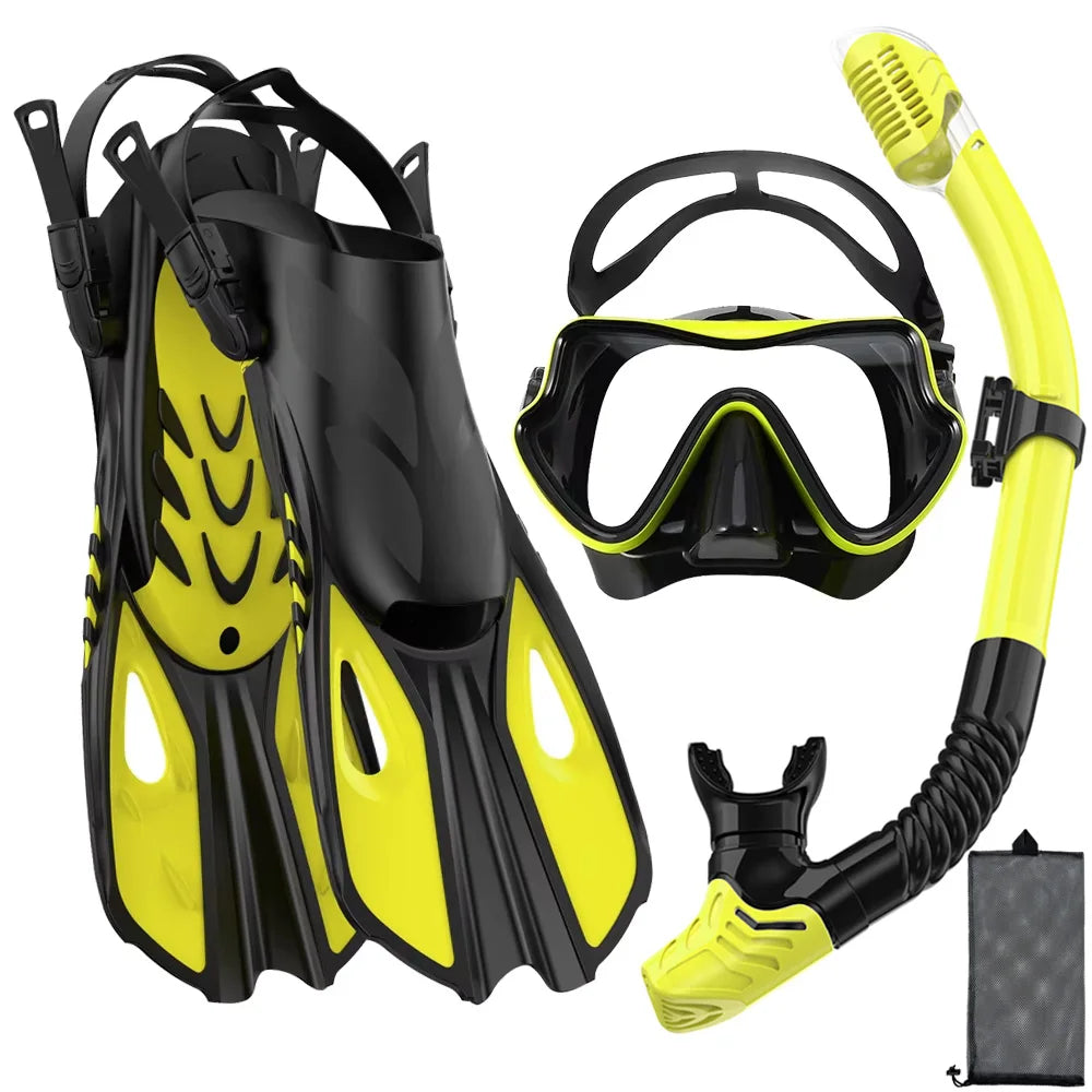 Premium 3-in-1 Snorkeling Set with Panoramic Mask, Dry Snorkel, and Adjustable Fins