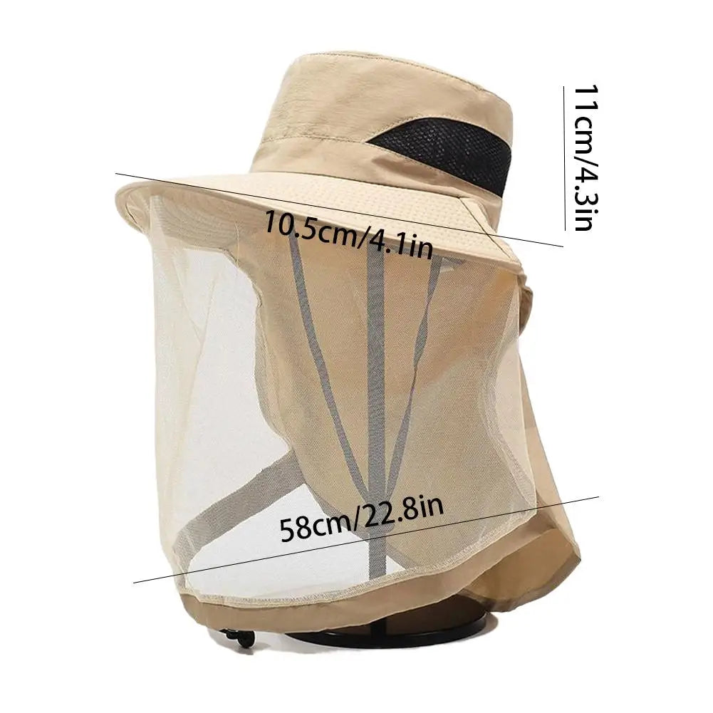 Mosquito Net Sun Hat with Wide Brim and Adjustable Chin Strap