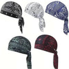 A set of three paisley cooling headscarf caps in black, white, and blue patterns.