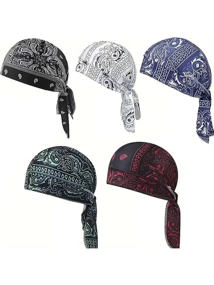 A set of three paisley cooling headscarf caps in black, white, and blue patterns.