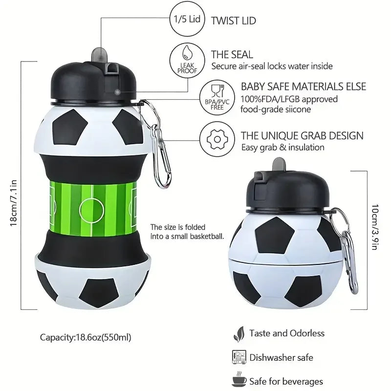 A black and white foldable silicone sports water bottle with a twist lid and carabiner clip.