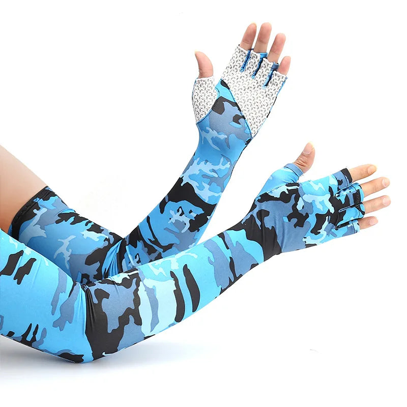 Blue and black camouflage arm sleeves worn on a hand and forearm.