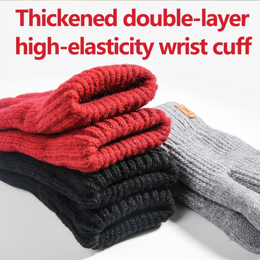 A stack of thick, double-layer, high-elasticity wrist cuffs in red, gray, and black knit fabric.