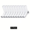 A pack of ten pairs of white and gray men's outdoor gym football socks laid out in a row.