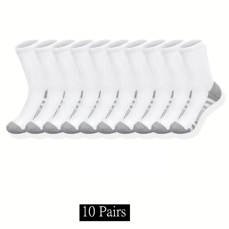 A pack of ten pairs of white and gray men's outdoor gym football socks laid out in a row.