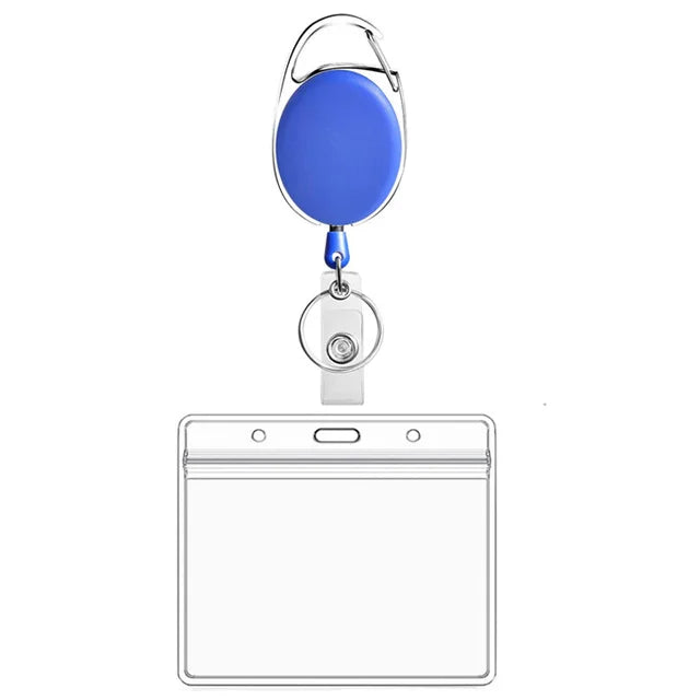 A blue retractable ID badge reel keychain with a silver clip and a clear plastic holder.