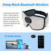 A sleep mask featuring a padded design and built-in audio capabilities shown next to various electronic devices.