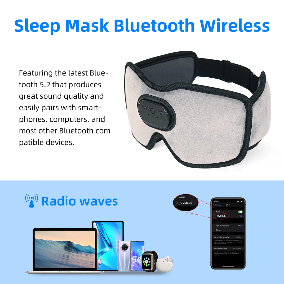 A sleep mask featuring a padded design and built-in audio capabilities shown next to various electronic devices.