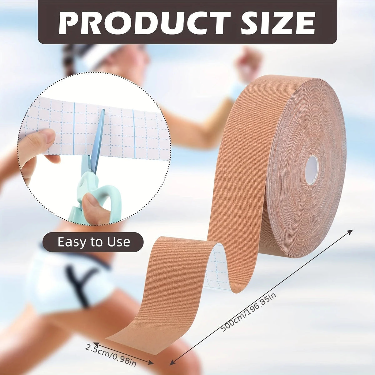 Roll of tan wrinkle smoothing tape shown being used to smooth skin and face.