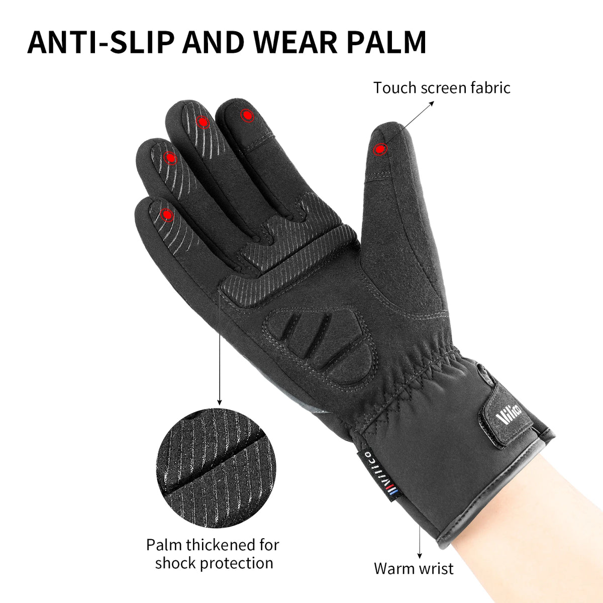 Black anti-slip and wear palm gloves with touch screen fabric and shock protection features