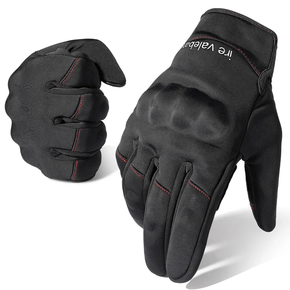 A pair of black thermal windproof outdoor gloves with red stitching and 'ire valeba' branding.