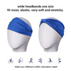 Blue elastic headbands shown on a mannequin demonstrating various fitness and hair collocation needs.