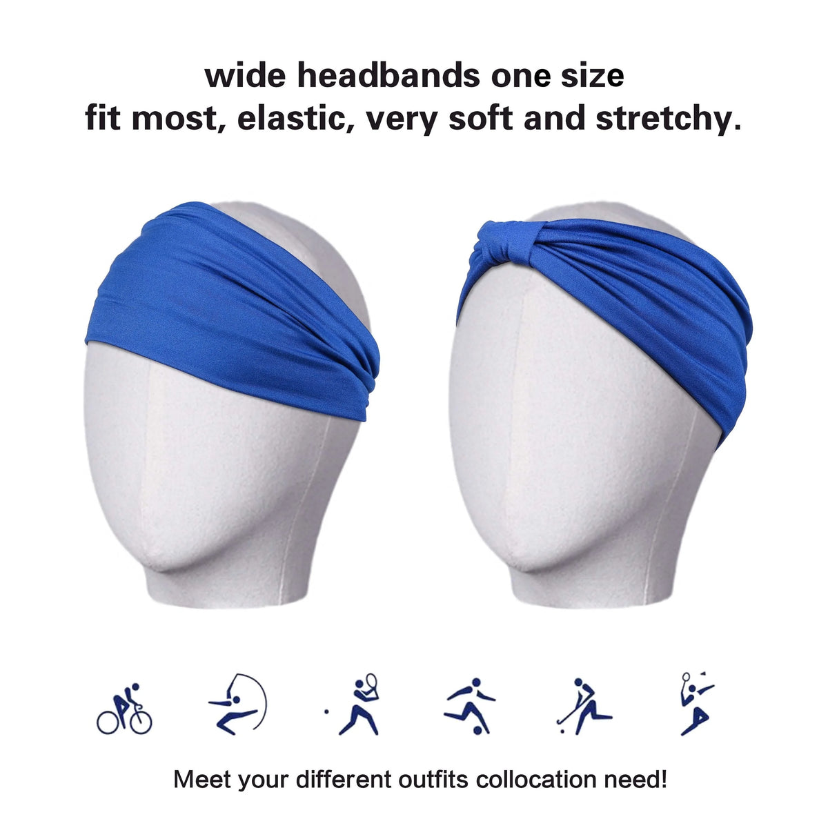 Blue elastic headbands shown on a mannequin demonstrating various fitness and hair collocation needs.