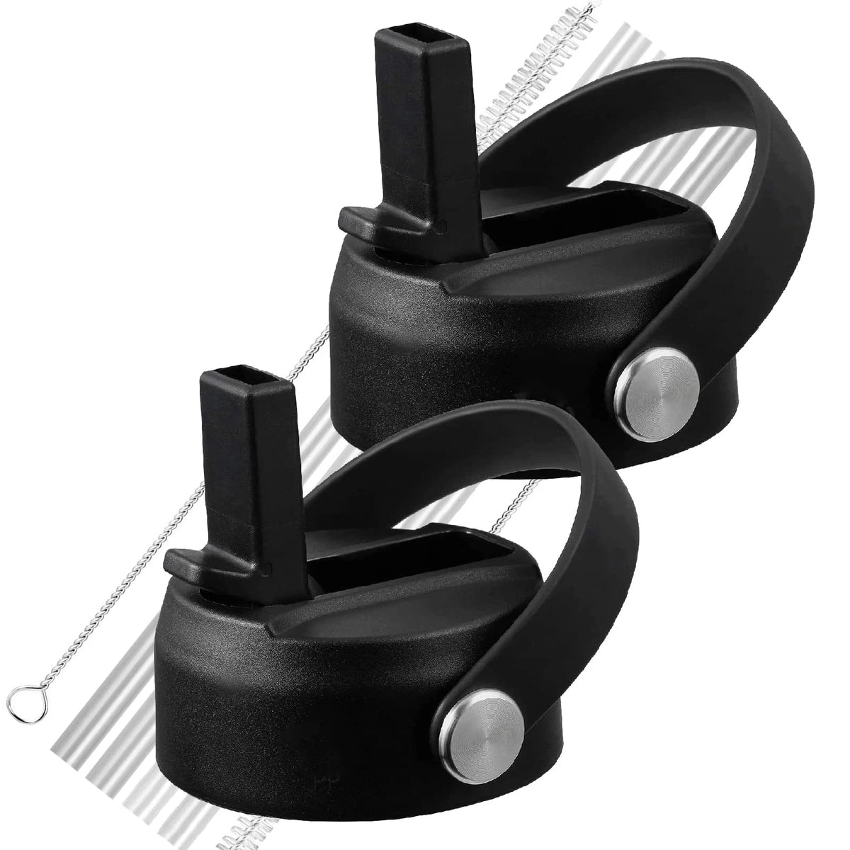Schwarze flexible Strohdeckel für Wasserflaschen in verschiedenen Winkeln