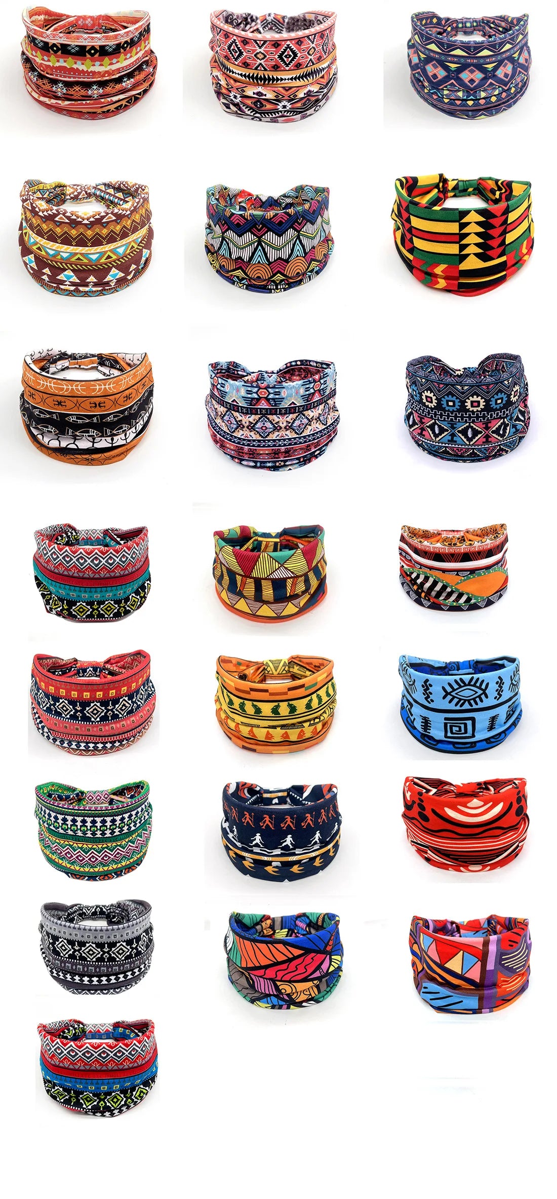 A collection of colorful bohemian stretch cotton headbands featuring geometric patterns and embroidery.