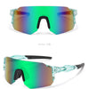 A pair of clear-framed sunglasses with a gradient green and blue lens, shown in front and side views.