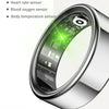 A close-up view of a silver smart health ring fitness tracker showing internal sensors for heart rate, blood oxygen, and body