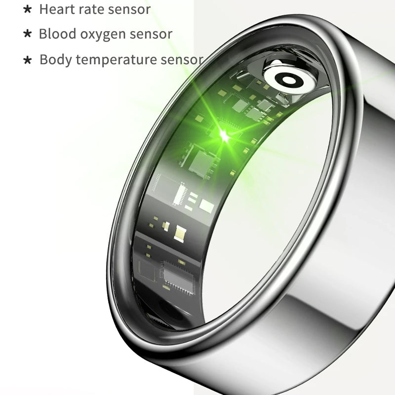 A close-up view of a silver smart health ring fitness tracker showing internal sensors for heart rate, blood oxygen, and body