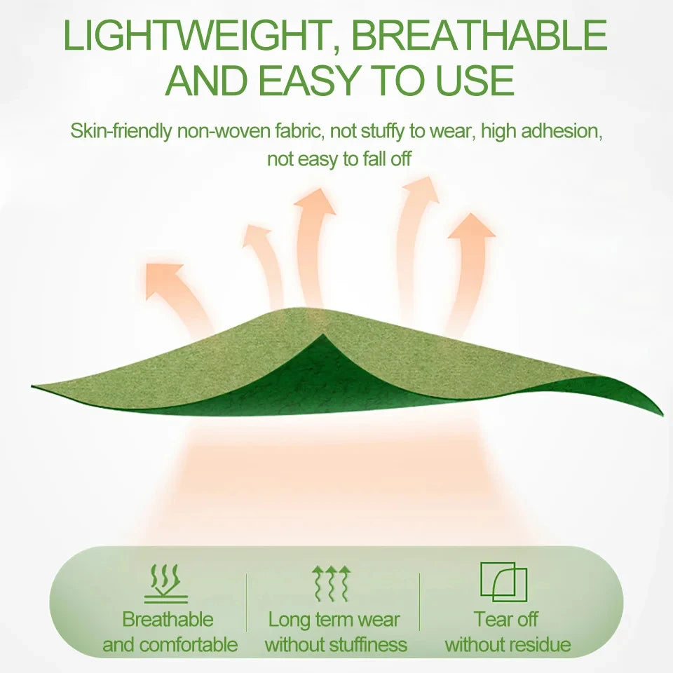 A green, lightweight, breathable non-woven fabric patch is shown floating above a surface, emphasizing its ease of use and ad