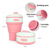 Pink and white reusable silicone collapsible coffee cups with lids shown in various angles