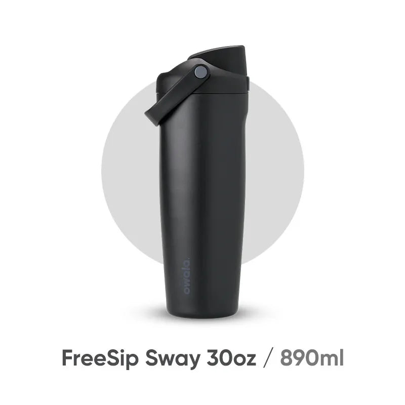A black insulated stainless steel travel mug with a hinged lid shown in a vertical view.