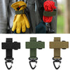 Three tactical nylon glove hooks in black, olive green, and tan are shown for storage or climbing.